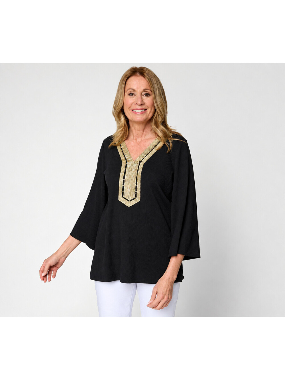 Belle by Kim Gravel Packabelle Gotta Getaway Glam Trim V-Neck Top Black, Small